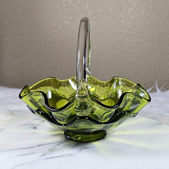 Vintage Viking Green Art Glass Epic Double Crimped Layer Basket - Picture 2 of 8